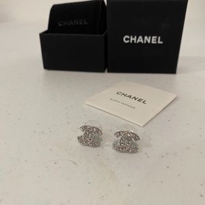 CHANEL authentic Stud CC logo Earrings silver Mint condition